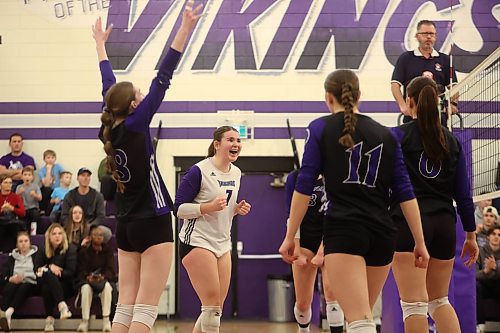 22112025
Reece Cowan #7 of the Vincent Massey Vikings celebrates a point with teammates during the Vikings match against Kelvin High School in the AAAA Varsity Girls Volleyball Provincials at Vincent Massey High School on Thursday.
(Tim Smith/The Brandon Sun)