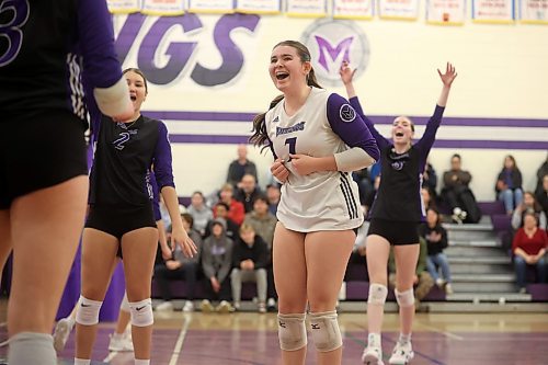 22112025
Reece Cowan #7 of the Vincent Massey Vikings celebrates a point with teammates during the Vikings match against Kelvin High School in the AAAA Varsity Girls Volleyball Provincials at Vincent Massey High School on Thursday.
(Tim Smith/The Brandon Sun)