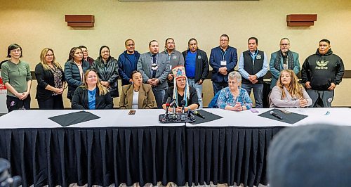 MIKE DEAL / FREE PRESS
Bloodvein First Nation Chief Lisa Young holds a press conference surrounded by some of her bands councillors, community members and chiefs from other First Nations along with AMC Grand Chief Kyra Wilson, SCO Grand Chief Jerry Daniels, and MKO Grand Chief Garrison Settee.
Chief Lisa Young discussed the ruling by a Court of King’s Bench judge regarding the blockade set up outside Bloodvein First Nation to keep drugs and alcohol out which will be allowed to remain despite inconveniencing licensed hunters.
Reporter: Nicole Buffie
251127 - Thursday, November 27, 2025.