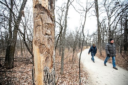 MIKAELA MACKENZIE / FREE PRESS

Brian (left) and Ken walk past carvings in the trees along the Bois des Esprits trail on Friday, Nov. 28, 2025.

For photo page.
Free Press 2025