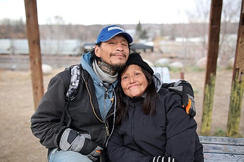 Married couple Gerald and Loretta Charlette sit at a picnic table on Pacific Avenue earlier this week. The couple say they are again homeless after recently being evicted from emergency housing. They say they spent Monday night walking around and briefly slept in the hallway of a building. They are hoping for awareness of how many people are struggling in Brandon. (Tim Smith/The Brandon Sun) 