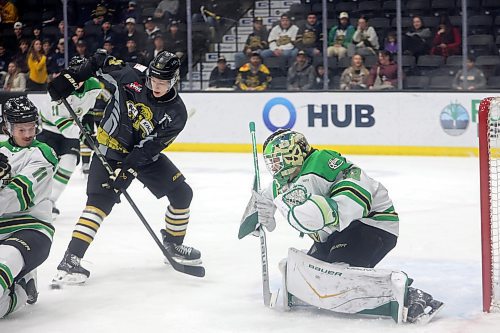 Carter Klippenstein (19) of the Brandon Wheat Kings looks for the puck in front of netminder Dimitri Fortin (33) of the Prince Albert Raiders during WHL action at Assiniboine Credit Union Place on Friday evening. 
(Tim Smith/The Brandon Sun)