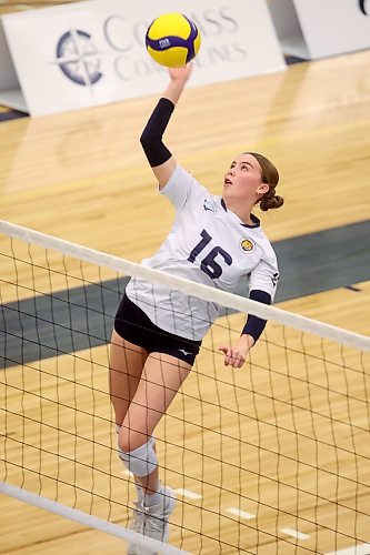 Alexa Parken (16) of the Brandon Bobcats puts the ball over the net during university women’s volleyball action against the University of British Columbia Okanagan Heat at the BU Healthy Living Centre in Brandon on Friday evening. 
(Tim Smith/The Brandon Sun)