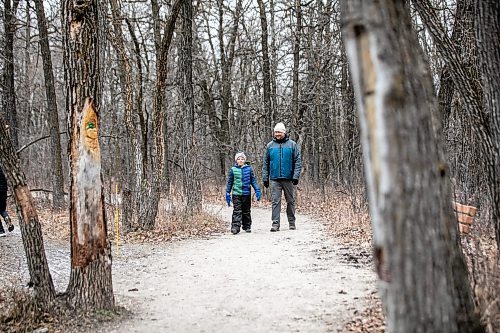 MIKAELA MACKENZIE / FREE PRESS

William Mulder (eight) and his dad, Doug Mulder, check out carvings in the trees while walking along the Bois des Esprits trail on Friday, Nov. 28, 2025.

For photo page.
Free Press 2025