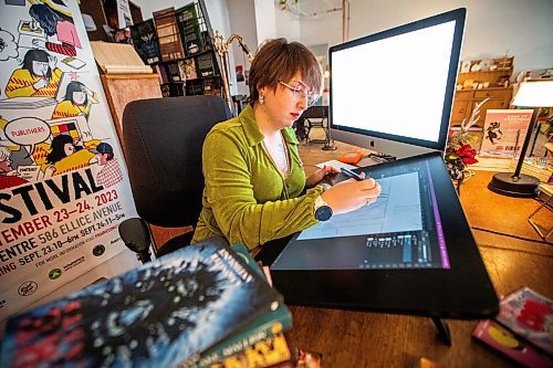 MIKAELA MACKENZIE / FREE PRESS

Author and artist Samantha Mary Beiko in her office on Wednesday, Dec. 3, 2025.  Samantha says her work has been fed into Meta&#x2019;s system to be used for generative AI, and has noticed fewer graphic design and writing jobs.

For Gabby story.
Free Press 2025