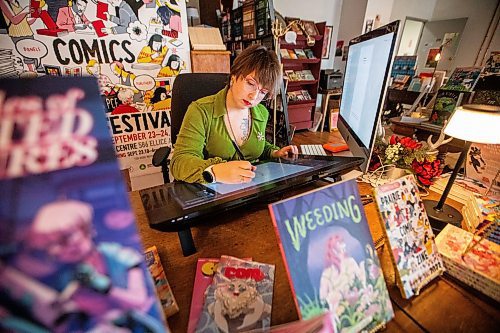 MIKAELA MACKENZIE / FREE PRESS

Author and artist Samantha Mary Beiko in her office on Wednesday, Dec. 3, 2025.  Samantha says her work has been fed into Meta&#x2019;s system to be used for generative AI, and has noticed fewer graphic design and writing jobs.

For Gabby story.
Free Press 2025