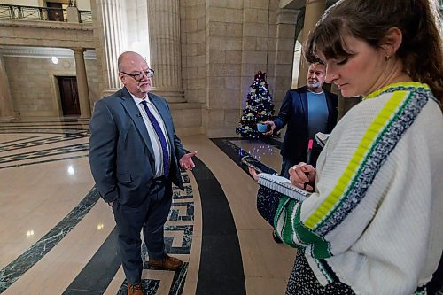 MIKE DEAL / FREE PRESS
Longtime Tory MLA Kelvin Goertzen, who was briefly Manitoba’s premier, talks to media in the Rotunda of the Manitoba Legislative Building, saying he won’t seek re-election, ending a two-decade run representing Steinbach in the legislature assembly.
Reporter: Maggie Macintosh
251210 - Wednesday, December 10, 2025.