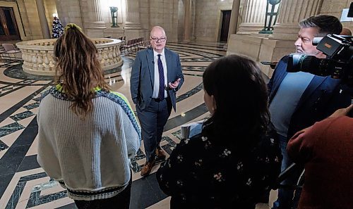 MIKE DEAL / FREE PRESS
Longtime Tory MLA Kelvin Goertzen, who was briefly Manitoba’s premier, talks to media in the Rotunda of the Manitoba Legislative Building, saying he won’t seek re-election, ending a two-decade run representing Steinbach in the legislature assembly.
Reporter: Maggie Macintosh
251210 - Wednesday, December 10, 2025.