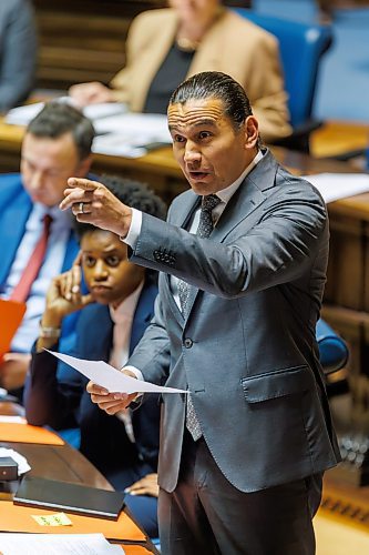 MIKE DEAL / FREE PRESS
Leader of the Opposition, Obby Khan, traded barbs with Premier Wab Kinew, during question period Wednesday afternoon after the office of the ethics commissioner tabled an ethics investigation report.
An ethics investigation into allegations that the former Manitoba Tory government tried to get a controversial mining project approved after losing the 2023 election has found that former premier Heather Stefanson and two of her MLAs violated the conflict of interest act and recommended thousands of dollars in fines. The office of the ethics commissioner tabled the report in the legislature. It says they tried to “improperly advance” the interests of private business. Stefanson has been fined $18K (apparently a first). Premier Wab Kinew called it a "dark day."
Reporters: Carol Sanders
250521 - Wednesday, May 21, 2025.