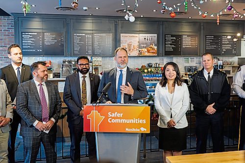 MIKE DEAL / FREE PRESS
Justice Minister Matt Wiebe announces that the Manitoba government will be launching a new Business Security Rebate Program to help businesses repair property damage and make security upgrades.
The event was held at Coffee Culture, 2864 Pembina Hwy, and other speakers included, Public Service Delivery Minister Mintu Sandhu, Kris Barnier, vice president central, Restaurants Canada, and Tyler Slobogian, senior policy analyst, Prairies and Northern Canada.
Reporter: Chris Kitching
251211 - Thursday, December 11, 2025.
