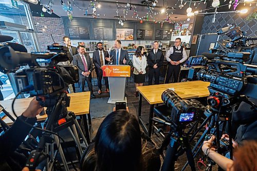 MIKE DEAL / FREE PRESS
Justice Minister Matt Wiebe announces that the Manitoba government will be launching a new Business Security Rebate Program to help businesses repair property damage and make security upgrades.
The event was held at Coffee Culture, 2864 Pembina Hwy, and other speakers included, Public Service Delivery Minister Mintu Sandhu, Kris Barnier, vice president central, Restaurants Canada, and Tyler Slobogian, senior policy analyst, Prairies and Northern Canada.
Reporter: Chris Kitching
251211 - Thursday, December 11, 2025.