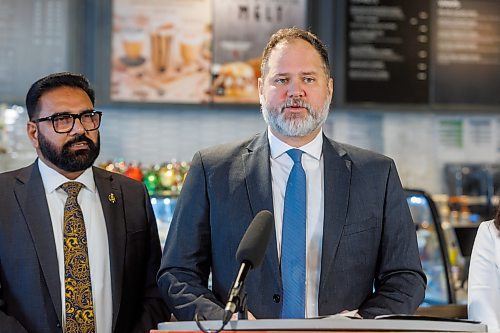 MIKE DEAL / FREE PRESS
Justice Minister Matt Wiebe announces that the Manitoba government will be launching a new Business Security Rebate Program to help businesses repair property damage and make security upgrades.
The event was held at Coffee Culture, 2864 Pembina Hwy, and other speakers included, Public Service Delivery Minister Mintu Sandhu, Kris Barnier, vice president central, Restaurants Canada, and Tyler Slobogian, senior policy analyst, Prairies and Northern Canada.
Reporter: Chris Kitching
251211 - Thursday, December 11, 2025.