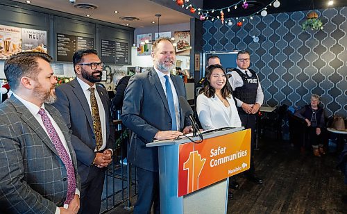 MIKE DEAL / FREE PRESS
Justice Minister Matt Wiebe announces that the Manitoba government will be launching a new Business Security Rebate Program to help businesses repair property damage and make security upgrades.
The event was held at Coffee Culture, 2864 Pembina Hwy, and other speakers included, Public Service Delivery Minister Mintu Sandhu, Kris Barnier, vice president central, Restaurants Canada, and Tyler Slobogian, senior policy analyst, Prairies and Northern Canada.
Reporter: Chris Kitching
251211 - Thursday, December 11, 2025.