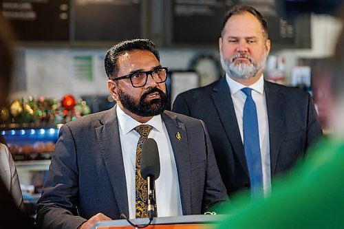 MIKE DEAL / FREE PRESS
Public Service Delivery Minister Mintu Sandhu, speaks during the event.
Justice Minister Matt Wiebe announces that the Manitoba government will be launching a new Business Security Rebate Program to help businesses repair property damage and make security upgrades.
The event was held at Coffee Culture, 2864 Pembina Hwy, and other speakers included, Public Service Delivery Minister Mintu Sandhu, Kris Barnier, vice president central, Restaurants Canada, and Tyler Slobogian, senior policy analyst, Prairies and Northern Canada.
Reporter: Chris Kitching
251211 - Thursday, December 11, 2025.