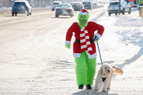 15122025
The Grinch, aka Jennifer Botham, walks her dog Romio along 18th Street in Brandon, waving to passing vehicles and spreading Christmas cheer on Monday.
(Tim Smith/The Brandon Sun)