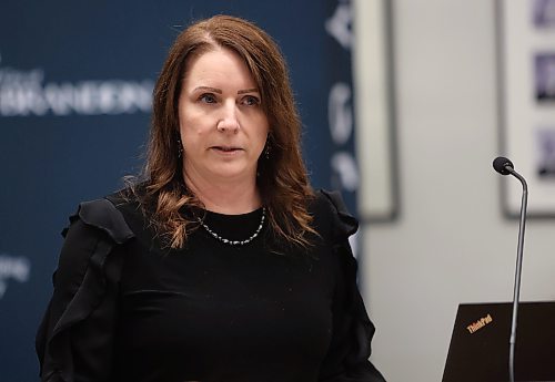 Helping Hands board chair Andrea Epp asks council for increased financial assistance at Monday evening's city council meeting. (Alex Lambert/The Brandon Sun)