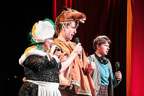 MIKAELA MACKENZIE / FREE PRESS

Theresa Thomson (the dame, left), Christopher Dunn (the pony) and Cyan Gargo (Jax) perform a scene of the Merry Crip-mas Panto at the West End Cultural Centre on Wednesday, Dec. 17, 2025. 

For Ben story.
Free Press 2025