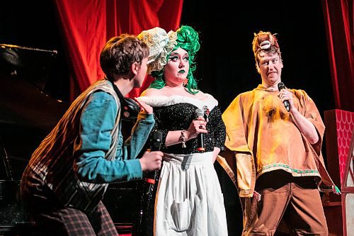 MIKAELA MACKENZIE / FREE PRESS

Cyan Gargo (Jax, left), Theresa Thomson (the dame) and Christopher Dunn (the pony) perform a scene of the Merry Crip-mas Panto at the West End Cultural Centre on Wednesday, Dec. 17, 2025. 

For Ben story.
Free Press 2025