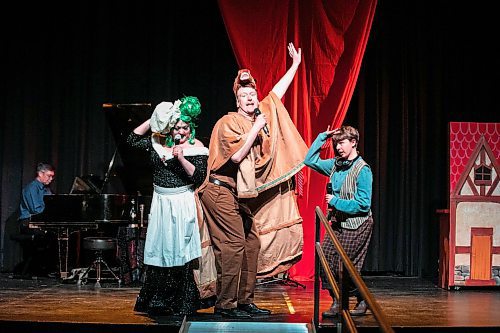 MIKAELA MACKENZIE / FREE PRESS

Theresa Thomson (the dame, left), Christopher Dunn (the pony) and Cyan Gargo (Jax) perform a scene of the Merry Crip-mas Panto at the West End Cultural Centre on Wednesday, Dec. 17, 2025. 

For Ben story.
Free Press 2025