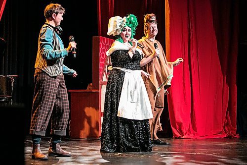 MIKAELA MACKENZIE / FREE PRESS

Cyan Gargo (Jax, left), Theresa Thomson (the dame) and Christopher Dunn (the pony) perform a scene of the Merry Crip-mas Panto at the West End Cultural Centre on Wednesday, Dec. 17, 2025. 

For Ben story.
Free Press 2025