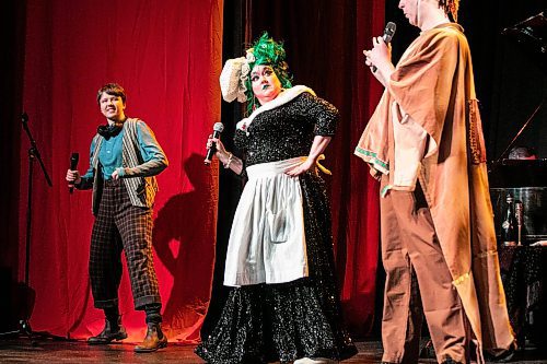 MIKAELA MACKENZIE / FREE PRESS

Cyan Gargo (Jax, left), Theresa Thomson (the dame) and Christopher Dunn (the pony) perform a scene of the Merry Crip-mas Panto at the West End Cultural Centre on Wednesday, Dec. 17, 2025. 

For Ben story.
Free Press 2025