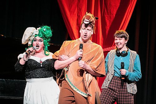 MIKAELA MACKENZIE / FREE PRESS

Theresa Thomson (the dame, left), Christopher Dunn (the pony) and Cyan Gargo (Jax) perform a scene of the Merry Crip-mas Panto at the West End Cultural Centre on Wednesday, Dec. 17, 2025. 

For Ben story.
Free Press 2025