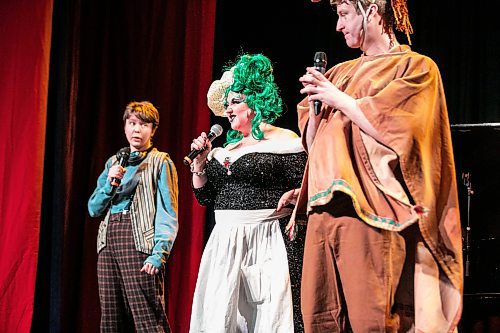 MIKAELA MACKENZIE / FREE PRESS

Cyan Gargo (Jax, left), Theresa Thomson (the dame) and Christopher Dunn (the pony) perform a scene of the Merry Crip-mas Panto at the West End Cultural Centre on Wednesday, Dec. 17, 2025. 

For Ben story.
Free Press 2025