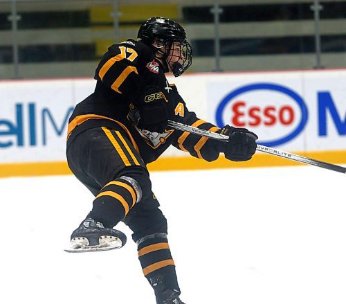 Brandon's Easten Turko (17) leads his defensive corps in scoring with seven goals and 27 points in 34 games. (Massimo De Luca-Taronno/The Brandon Sun)