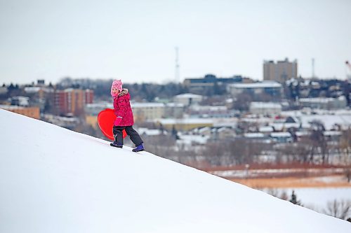 A young sledder walks her saucer sled up Hanbury Hill on a windy afternoon. (Matt Goerzen/The Brandon Sun files)