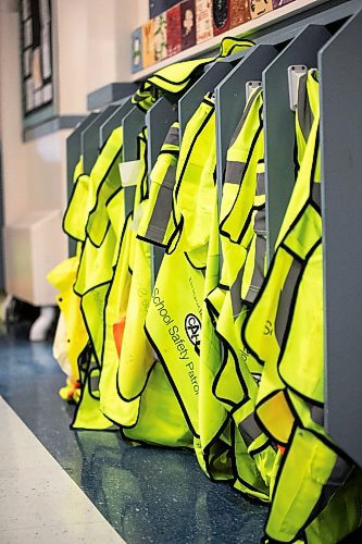 MIKAELA MACKENZIE / FREE PRESS

School patrol vests at Isaac Brock School on Friday, Dec. 19, 2025. 

For Maggie story.
Free Press 2025