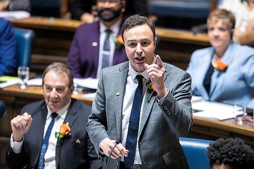 MIKAELA MACKENZIE / FREE PRESS
	

Finance minister Adrien Sala speaks during question period in the legislative chamber on budget day at the Manitoba Legislative Building on Thursday, March 20, 2025.

For budget stories.
Winnipeg Free Press 2025