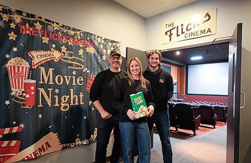 Ruth Bonneville / Free Press 

BIZ - Flicks Cinema STONEWALL


Photos for story on The Flicks Cinema
First St. East in Stonewall.

Photograph of Vince Levenec (left), Amanda Van Solkema  and Griffin Levenec, the three new owners of the Flicks Cinema, the movie theatre in Stonewall. The article focuses on why they decided to buy the business and what it's like running an independent movie theatre.

See story by Aaron

Jan 2nd,  2026