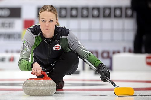 02012026
Skip Alyssa Calvert throws a stone during Team Calvert’s draw against Lane Prokopowich’s rink on the final day of the round robin at Curl Manitoba’s Women of the Rings Championship in Rivers, Manitoba on Friday. 
(Tim Smith/The Brandon Sun)