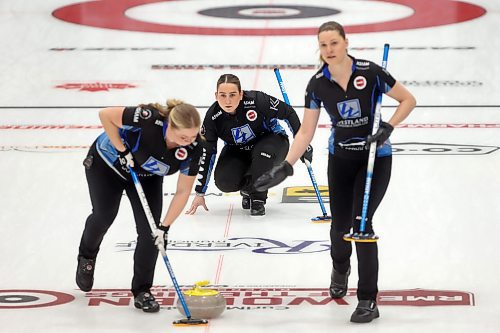 02012026
Skip Lane Prokopowich eyes her stone during Team Prokopowich’s draw against Alyssa Calvert’s rink on the final day of the round robin at Curl Manitoba’s Women of the Rings Championship in Rivers, Manitoba on Friday. 
(Tim Smith/The Brandon Sun)