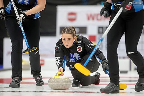 02012026
Skip Lane Prokopowich throws a stone during Team Prokopowich’s draw against Alyssa Calvert’s rink on the final day of the round robin at Curl Manitoba’s Women of the Rings Championship in Rivers, Manitoba on Friday.
(Tim Smith/The Brandon Sun)
