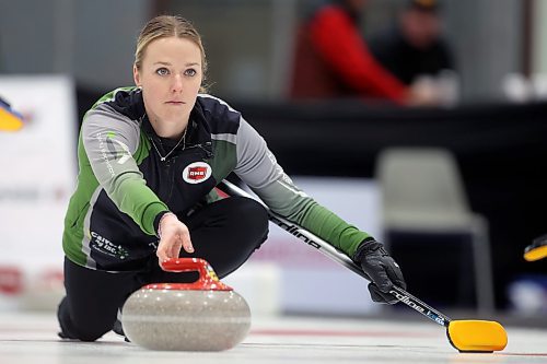 02012026
Skip Alyssa Calvert throws a stone during Team Calvert’s draw against Lane Prokopowich’s rink on the final day of the round robin at Curl Manitoba’s Women of the Rings Championship in Rivers, Manitoba on Friday.
(Tim Smith/The Brandon Sun)