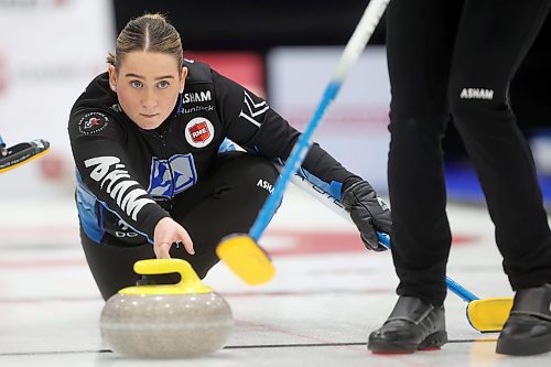 02012026
Skip Lane Prokopowich throws a stone during Team Prokopowich’s draw against Alyssa Calvert’s rink on the final day of the round robin at Curl Manitoba’s Women of the Rings Championship in Rivers, Manitoba on Friday. 
(Tim Smith/The Brandon Sun)