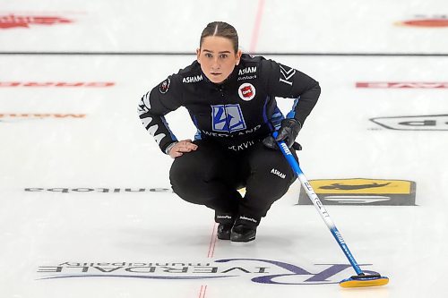 02012026
Skip Lane Prokopowich eyes her stone during Team Prokopowich’s draw against Alyssa Calvert’s rink on the final day of the round robin at Curl Manitoba’s Women of the Rings Championship in Rivers, Manitoba on Friday. 
(Tim Smith/The Brandon Sun)