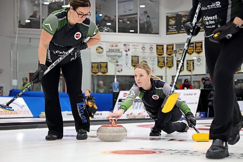 02012026
Skip Alyssa Calvert throws a stone during Team Calvert’s draw against Lane Prokopowich’s rink on the final day of the round robin at Curl Manitoba’s Women of the Rings Championship in Rivers, Manitoba on Friday. 
(Tim Smith/The Brandon Sun)