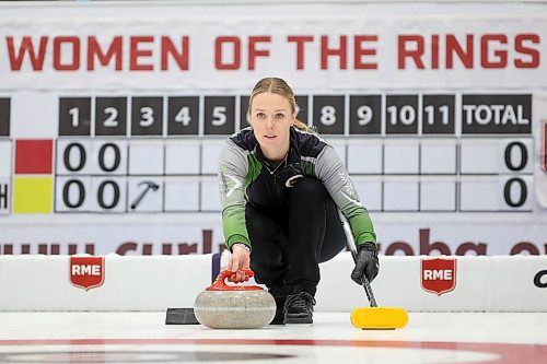 02012026
Skip Alyssa Calvert readies to throw a stone during Team Calvert’s draw against Lane Prokopowich’s rink on the final day of the round robin at Curl Manitoba’s Women of the Rings Championship in Rivers, Manitoba on Friday. 
(Tim Smith/The Brandon Sun)