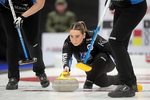 02012026
Skip Lane Prokopowich throws a stone during Team Prokopowich’s draw against Alyssa Calvert’s rink on the final day of the round robin at Curl Manitoba’s Women of the Rings Championship in Rivers, Manitoba on Friday. 
(Tim Smith/The Brandon Sun)