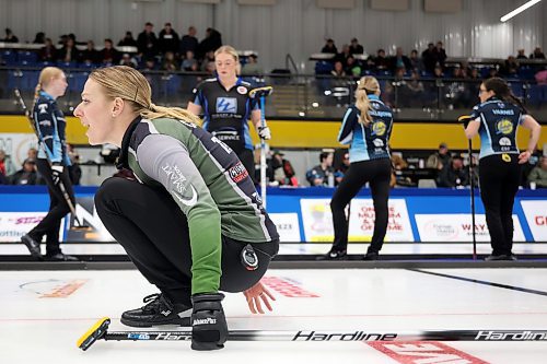02012026
Skip Alyssa Calvert yells instructions while watching her stone during Team Calvert’s draw against Lane Prokopowich’s rink on the final day of the round robin at Curl Manitoba’s Women of the Rings Championship in Rivers, Manitoba on Friday. 
(Tim Smith/The Brandon Sun)