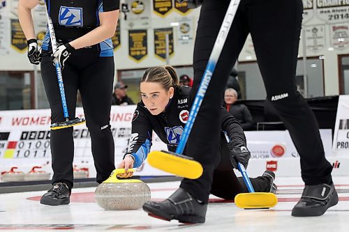 02012026
Skip Lane Prokopowich throws a stone during Team Prokopowich’s draw against Alyssa Calvert’s rink on the final day of the round robin at Curl Manitoba’s Women of the Rings Championship in Rivers, Manitoba on Friday. 
(Tim Smith/The Brandon Sun)