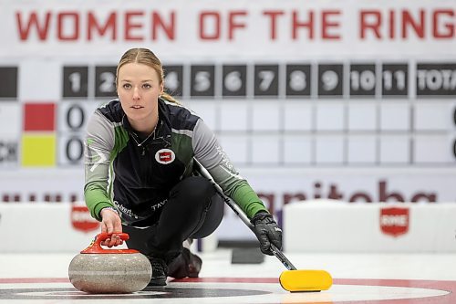 02012026
Skip Alyssa Calvert throws a stone during Team Calvert’s draw against Lane Prokopowich’s rink on the final day of the round robin at Curl Manitoba’s Women of the Rings Championship in Rivers, Manitoba on Friday.
(Tim Smith/The Brandon Sun)