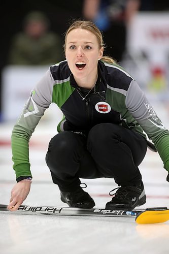 02012026
Skip Alyssa Calvert yells instructions while watching her stone during Team Calvert’s draw against Lane Prokopowich’s rink on the final day of the round robin at Curl Manitoba’s Women of the Rings Championship in Rivers, Manitoba on Friday. 
(Tim Smith/The Brandon Sun)