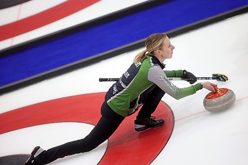 02012026
Skip Alyssa Calvert throws a stone during Team Calvert’s draw against Lane Prokopowich’s rink on the final day of the round robin at Curl Manitoba’s Women of the Rings Championship in Rivers, Manitoba on Friday. 
(Tim Smith/The Brandon Sun)
