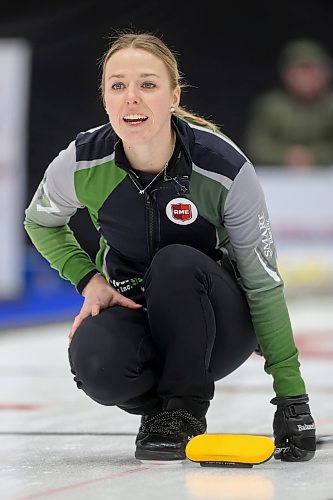 02012026
Skip Alyssa Calvert yells instructions while watching her stone during Team Calvert’s draw against Lane Prokopowich’s rink on the final day of the round robin at Curl Manitoba’s Women of the Rings Championship in Rivers, Manitoba on Friday. 
(Tim Smith/The Brandon Sun)