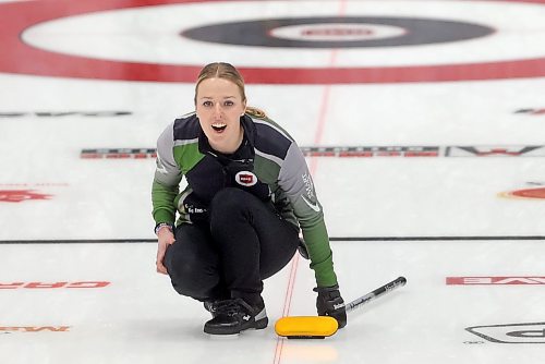 02012026
Skip Alyssa Calvert yells instructions while watching her stone during Team Calvert’s draw against Lane Prokopowich’s rink on the final day of the round robin at Curl Manitoba’s Women of the Rings Championship in Rivers, Manitoba on Friday. 
(Tim Smith/The Brandon Sun)