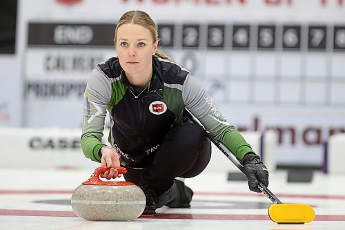 02012026
Skip Alyssa Calvert throws a stone during Team Calvert’s draw against Lane Prokopowich’s rink on the final day of the round robin at Curl Manitoba’s Women of the Rings Championship in Rivers, Manitoba on Friday. 
(Tim Smith/The Brandon Sun)