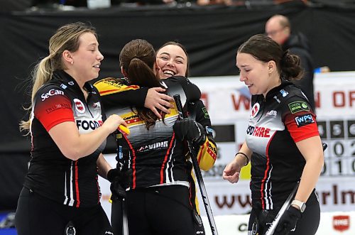 Team Beth Peterson celebrates its RME Women of the Rings final victory against Kaitlyn Lawes in Rivers on Sunday. (Thomas Friesen/The Brandon Sun)